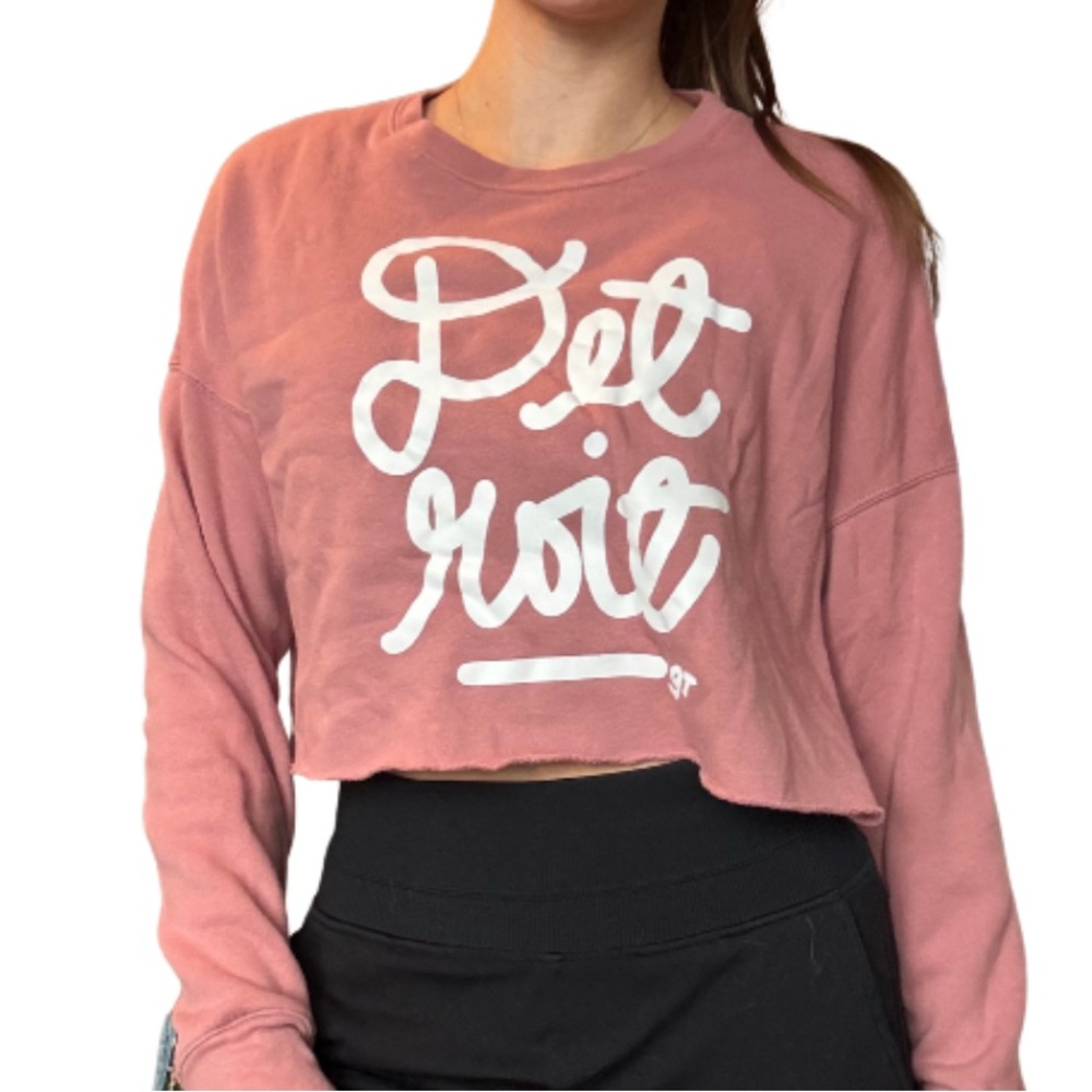 Pink Cropped Sweatshirt with White Detroit Graphic